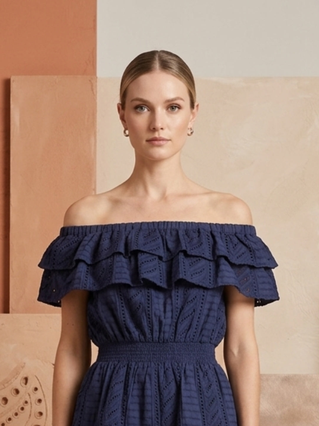 Women   Cotton Off Shoulder Midi -AL3748 Navy