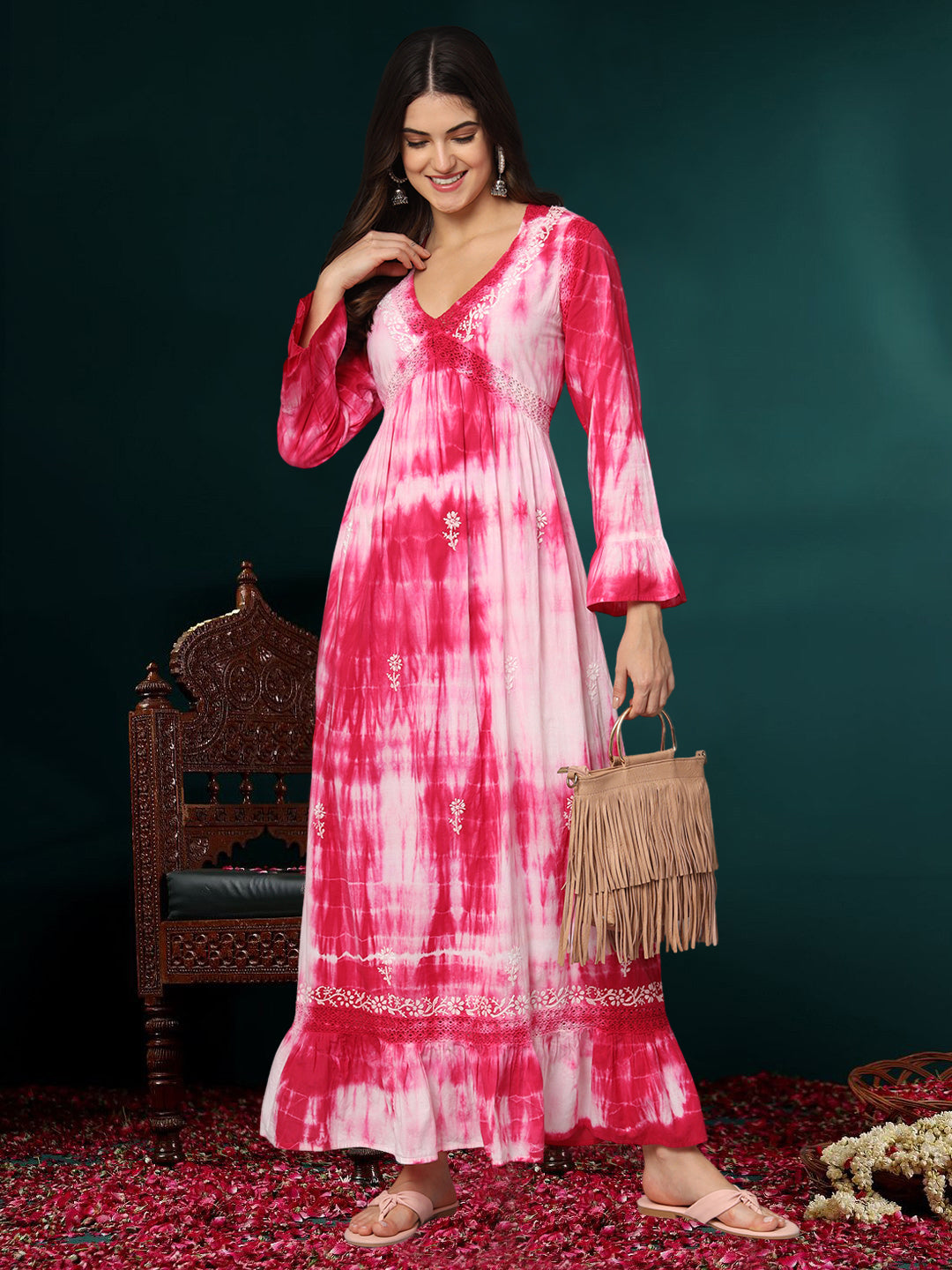 Women Chikankari Hand Embroidered Cotton Jalabiya in Tie-Dye shades-AL2160 Magenta