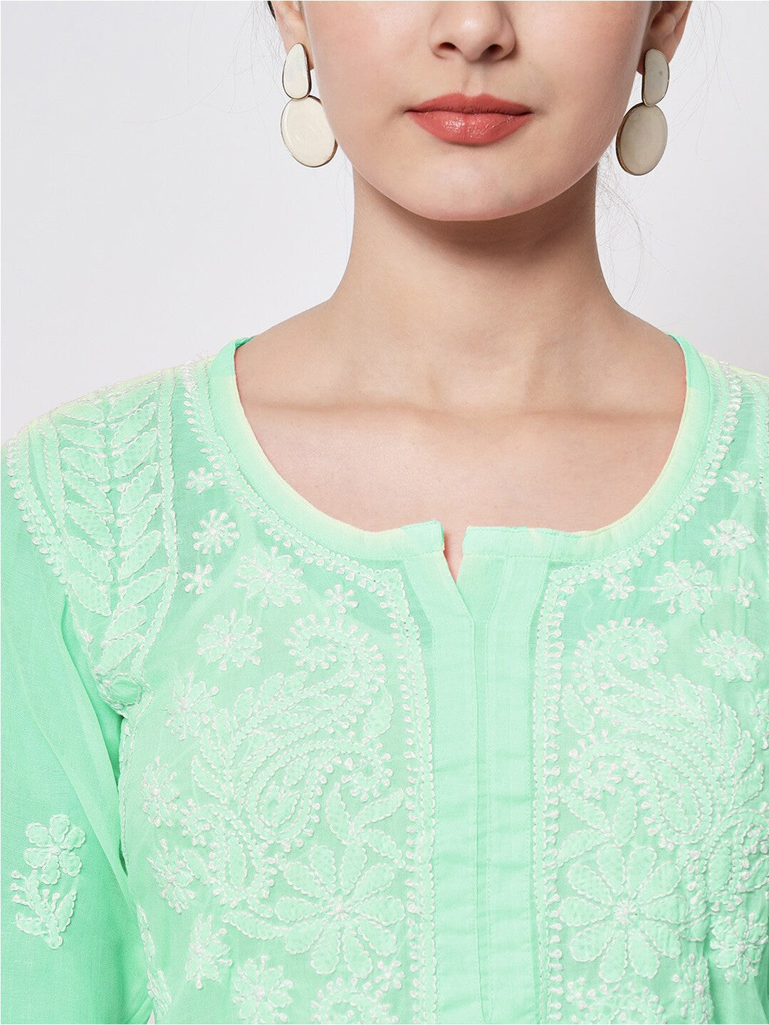 Hand Embroidered Chikankari Cotton Straight Short Kurti-AL3595 Green