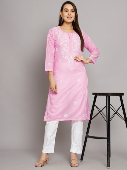Hand Embroidered Chikankari Cotton Straight Kurti-ALNTV115