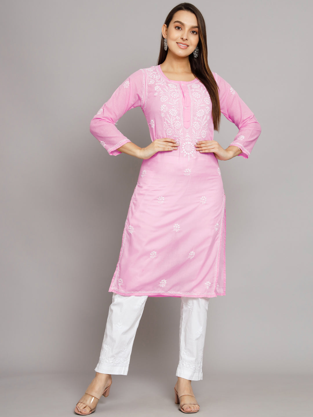 Hand Embroidered Chikankari Cotton Straight Kurti-ALNTV115