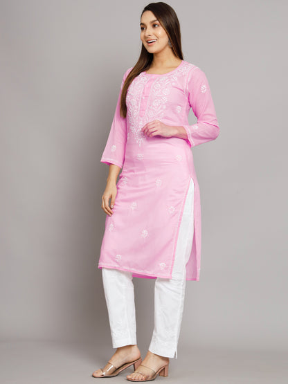 Hand Embroidered Chikankari Cotton Straight Kurti-ALNTV115