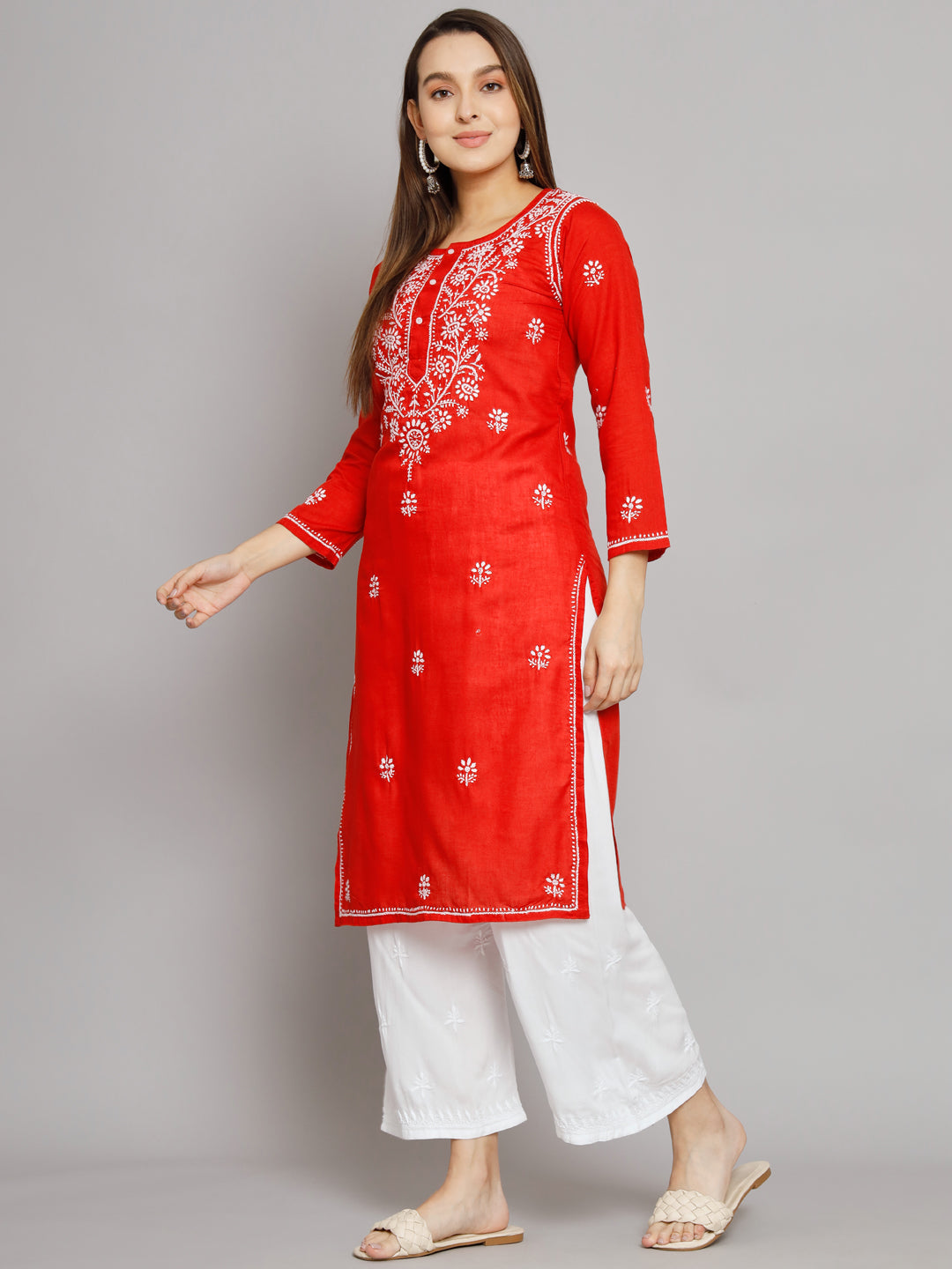 Hand Embroidered Chikankari Cotton Straight Kurta -ALNTV115 Red