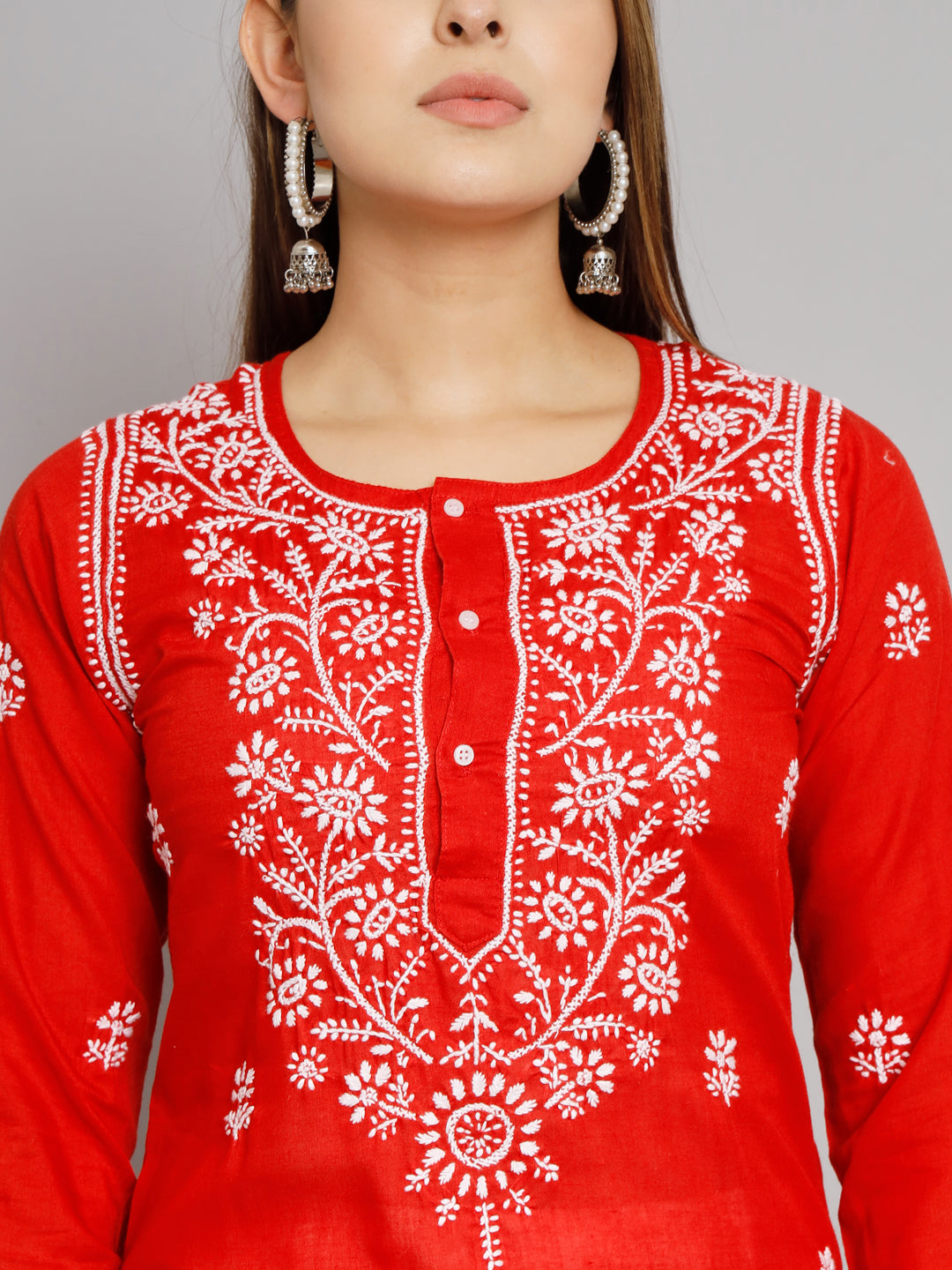 Hand Embroidered Chikankari Cotton Straight Kurta -ALNTV115 Red