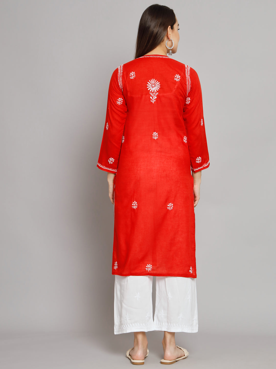 Hand Embroidered Chikankari Cotton Straight Kurta -ALNTV115 Red
