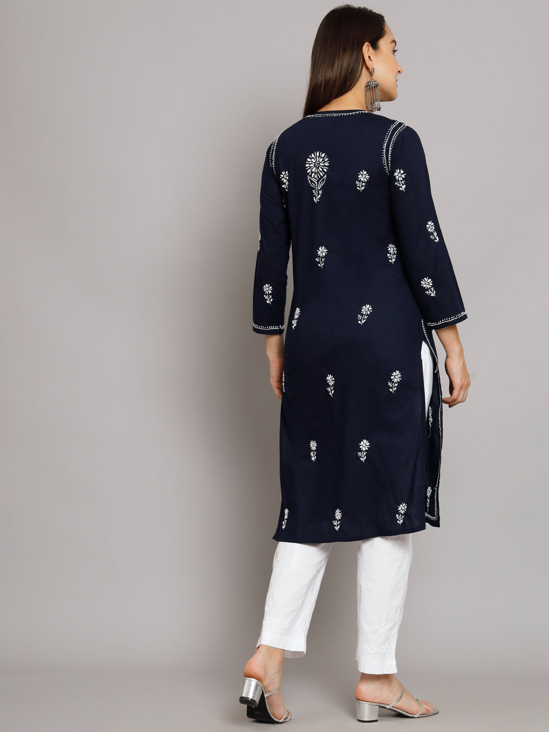 Hand Embroidered Chikankari Cotton Straight Kurta -ALNTV115 Navy