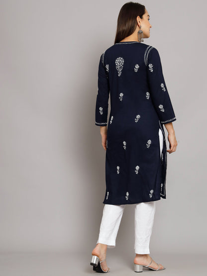 Hand Embroidered Chikankari Cotton Straight Kurta -ALNTV115 Navy