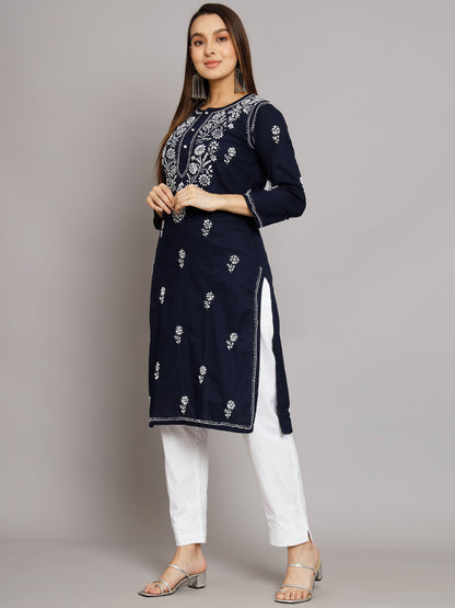 Hand Embroidered Chikankari Cotton Straight Kurti-ALNTV115