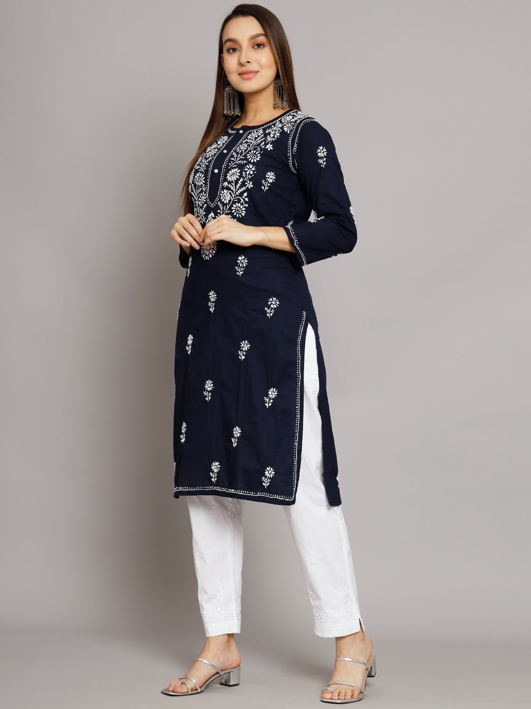 Hand Embroidered Chikankari Cotton Straight Kurta -ALNTV115 Navy