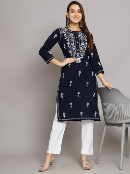 Hand Embroidered Chikankari Cotton Straight Kurti-ALNTV115