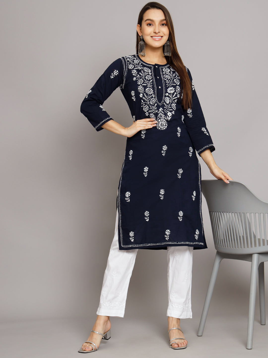 Hand Embroidered Chikankari Cotton Straight Kurta -ALNTV115 Navy