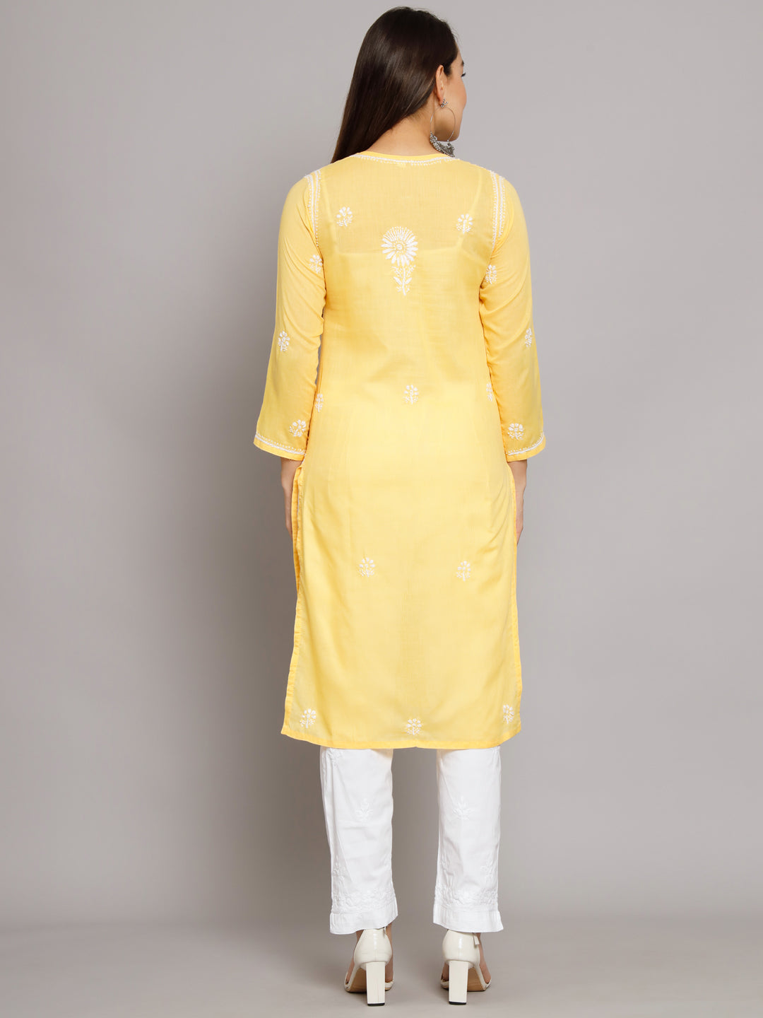 Hand Embroidered Chikankari Cotton Straight Kurta -ALNTV115 Yellow
