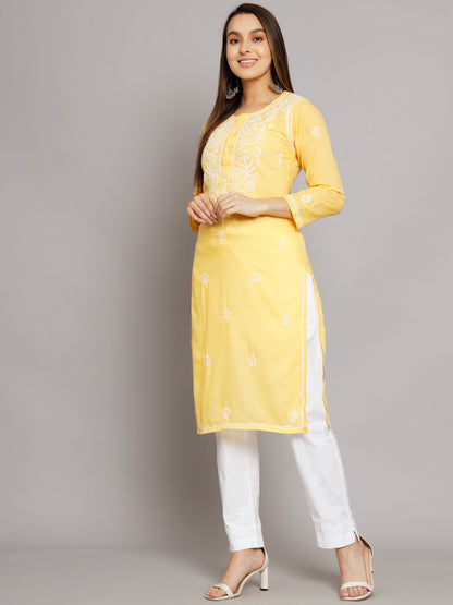 Hand Embroidered Chikankari Cotton Straight Kurta -ALNTV115 Yellow
