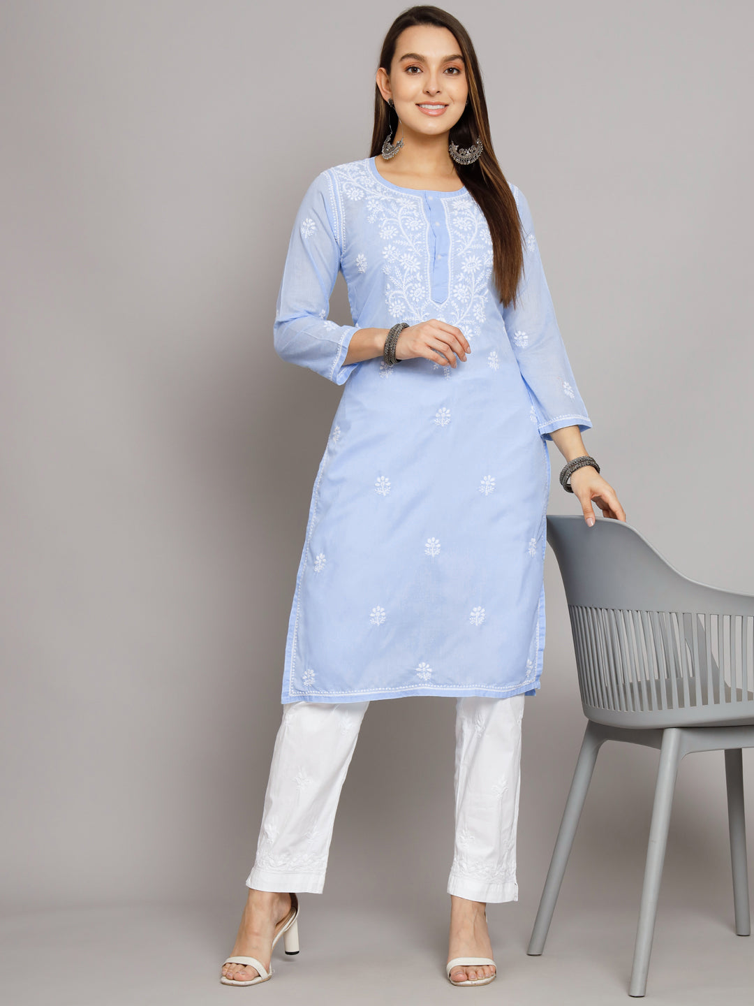 Hand Embroidered Chikankari Cotton Straight Kurti-ALNTV115