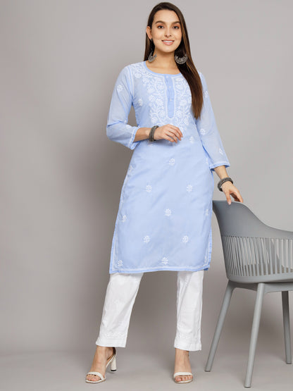 Hand Embroidered Chikankari Cotton Straight Kurti-ALNTV115