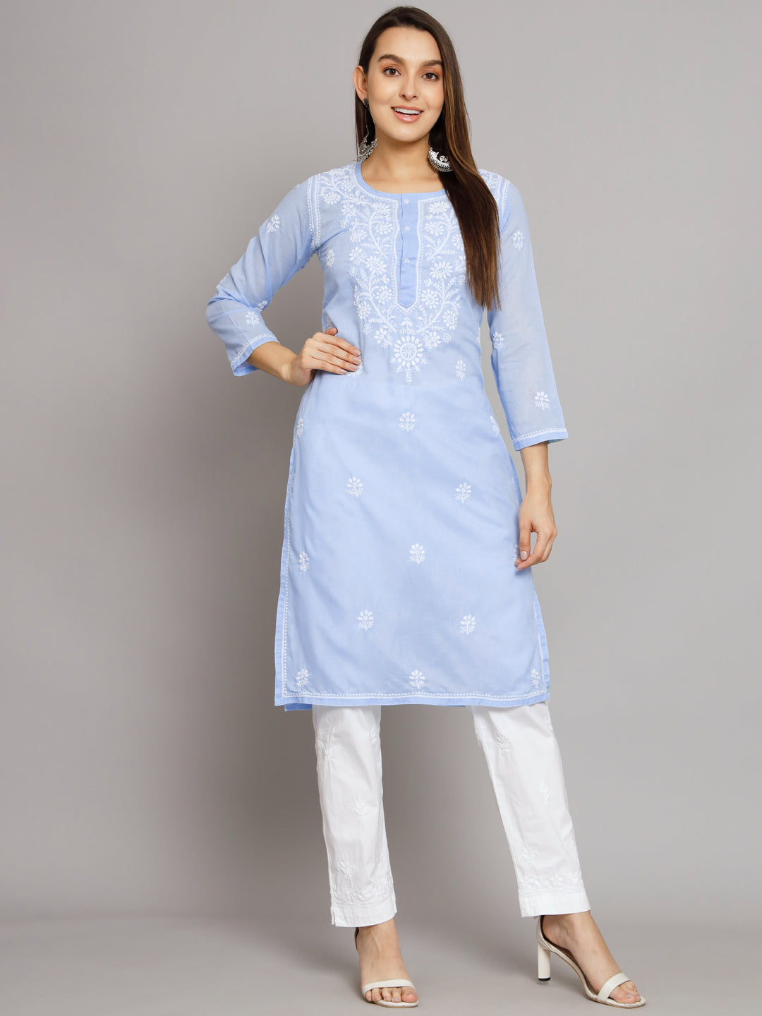 Hand Embroidered Chikankari Cotton Straight Kurti-ALNTV115