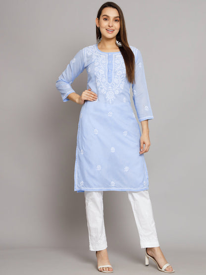 Hand Embroidered Chikankari Cotton Straight Kurta -ALNTV115 Denim
