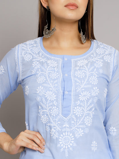 Hand Embroidered Chikankari Cotton Straight Kurti-ALNTV115
