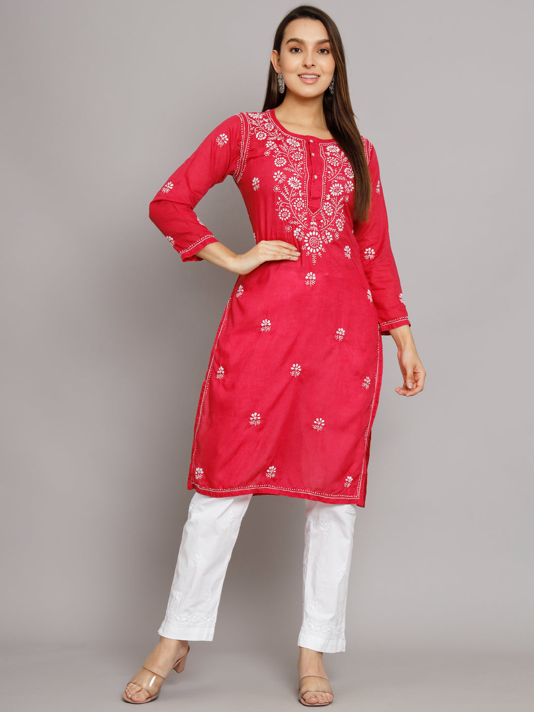 Hand Embroidered Chikankari Cotton Straight Kurta -ALNTV115 Hotpink