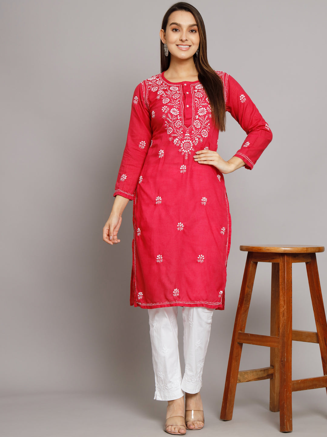 Hand Embroidered Chikankari Cotton Straight Kurta -ALNTV115 Hotpink