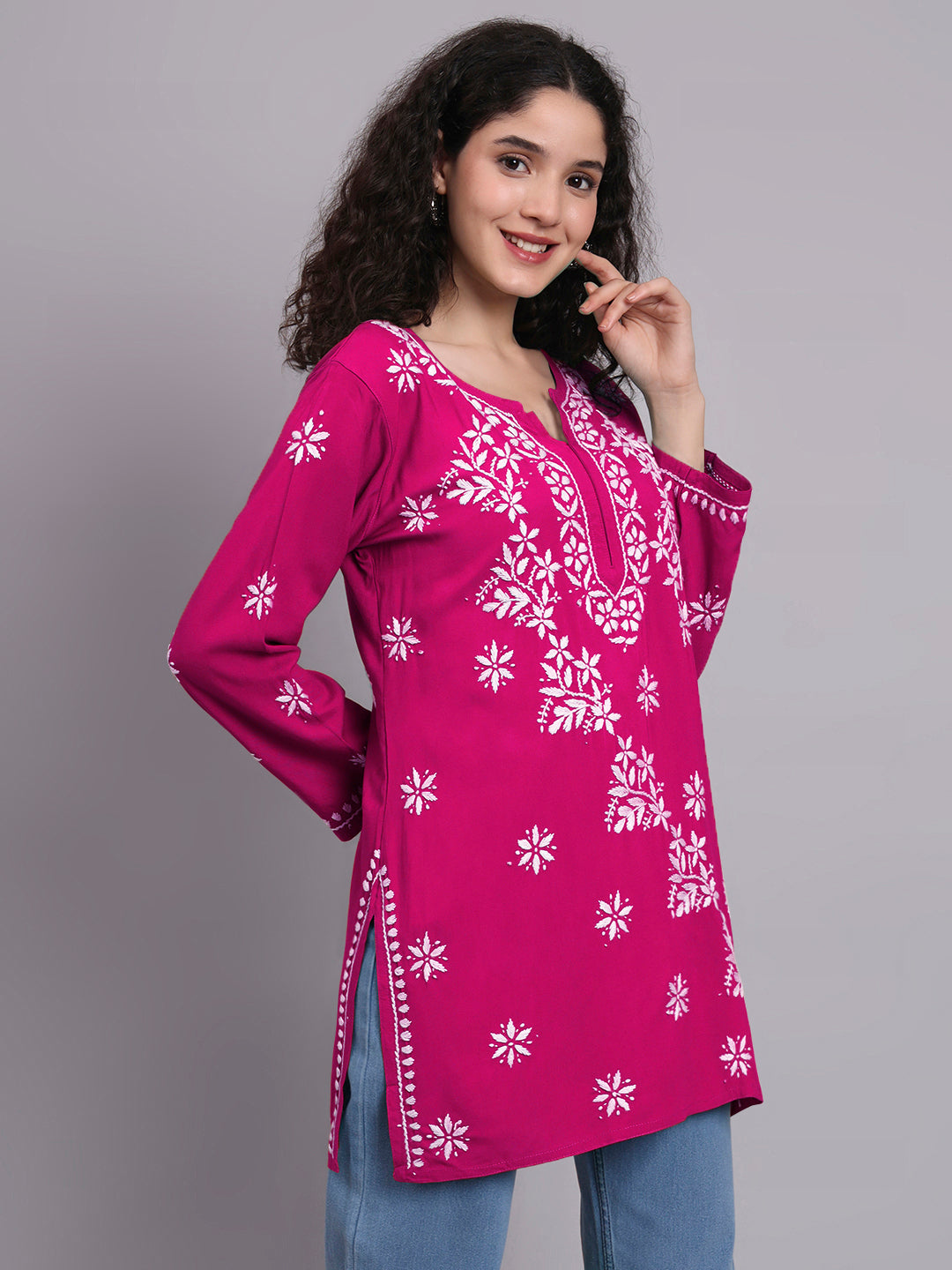 Women Hand Embroidered Chikankari Rayon Short Kurti-AL4071 Magenta