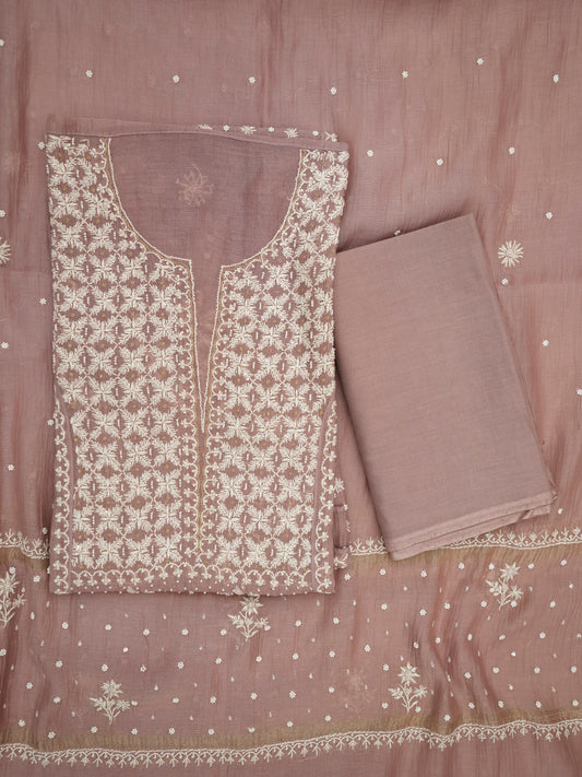 Women Hand Embroidered Premium Chikankari Mul Chanderi Unstitched Kurta Dupatta Bottom Set-ALSCA85201FS Rust