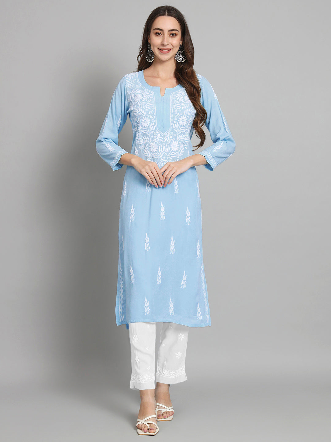Hand Embroidered Chikankari Rayon Straight Kurta-AL3451 Denimblue
