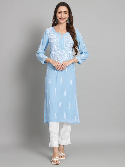 Hand Embroidered Chikankari Rayon Straight Kurta-AL3451 Denimblue