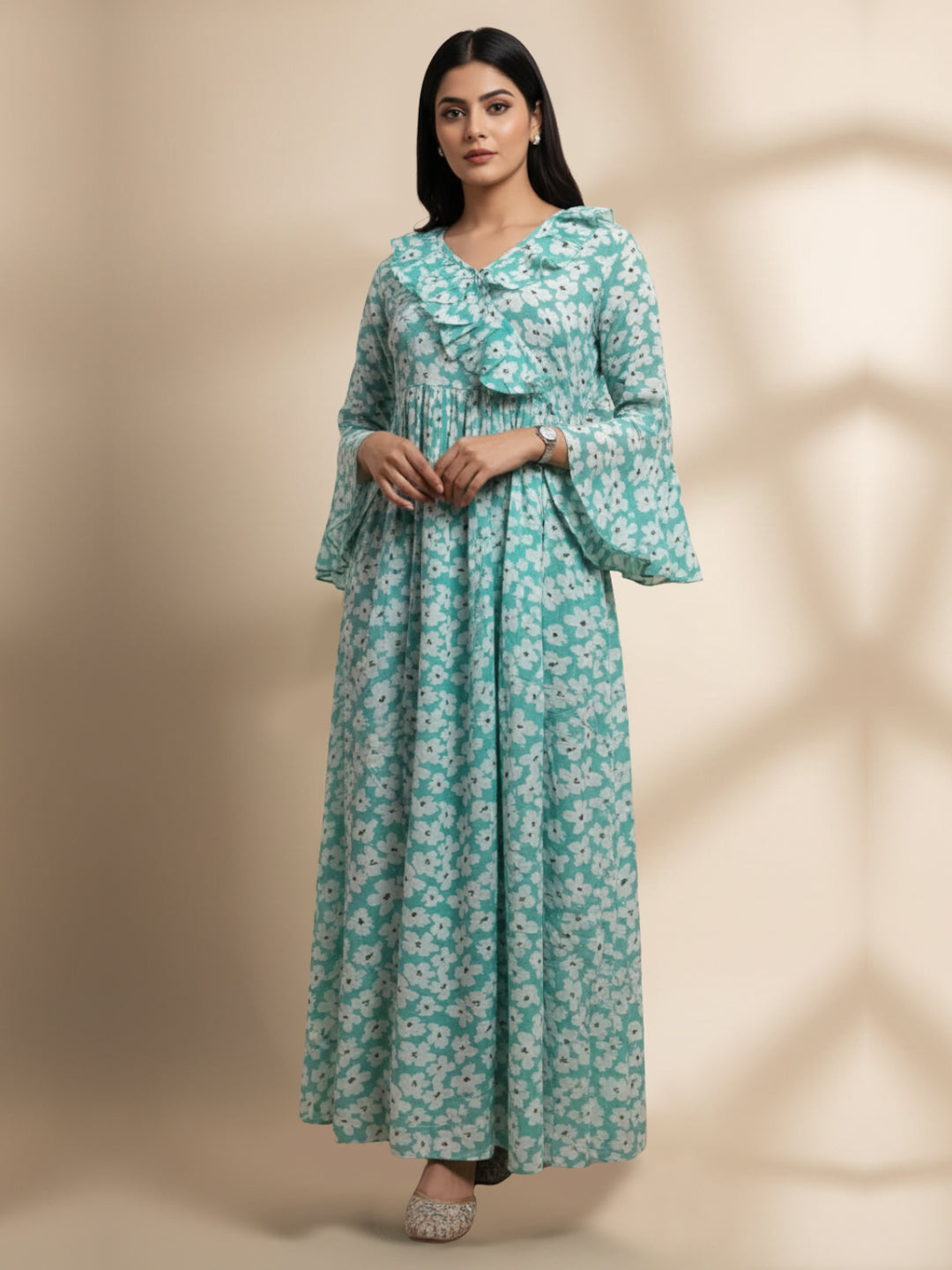 Women Printed Cotton Jalabiya-AL4008 Seagreen