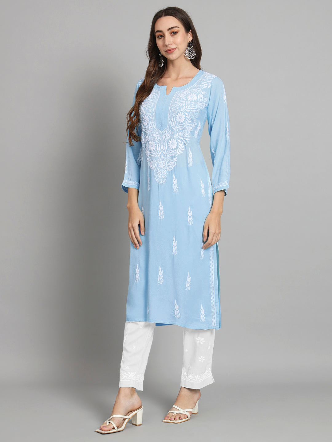 Hand Embroidered Chikankari Rayon Straight Kurta-AL3451 Denimblue