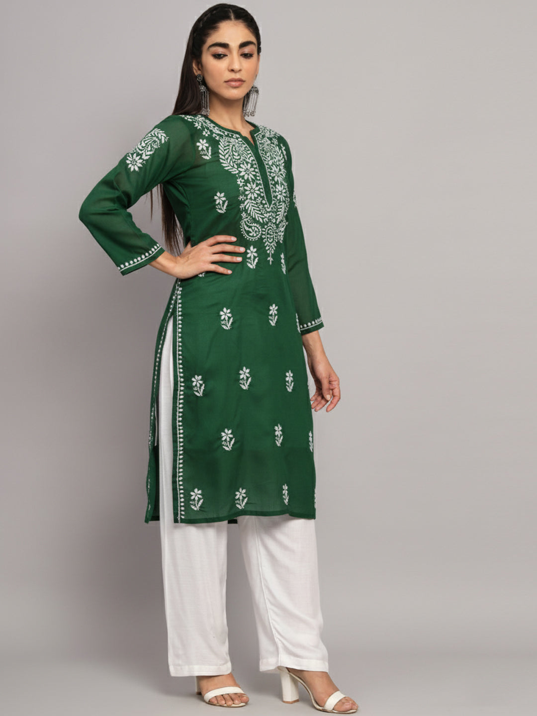 Hand Embroidered Chikankari Cotton Straight Kurta-AL3561 Bottlegreen