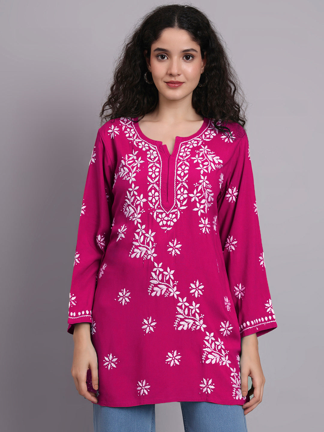Women Hand Embroidered Chikankari Rayon Short Kurti-AL4071 Magenta