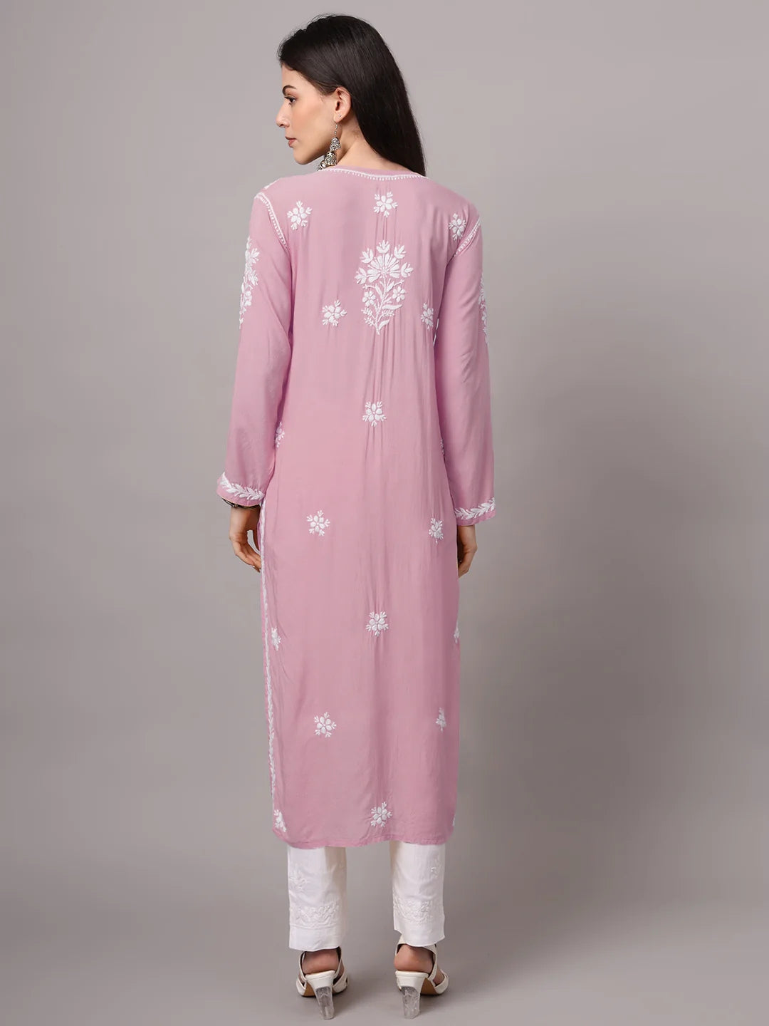 Women Hand Embroidered Modal Chikankari Kurta-AL4059 Peach