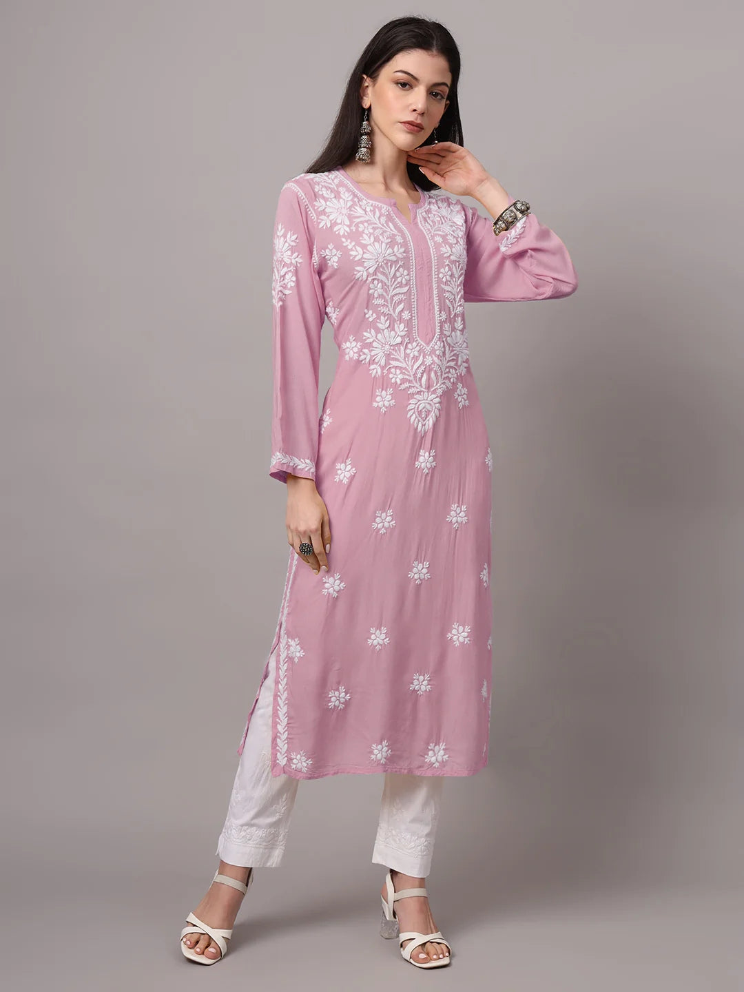 Women Hand Embroidered Modal Chikankari Kurta-AL4059 Peach