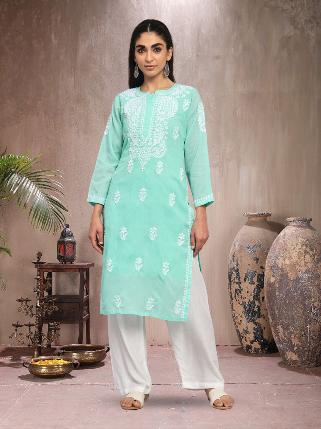 Hand Embroidered  Chikankari Cotton Straight Kurta- AL3561 Seagreen