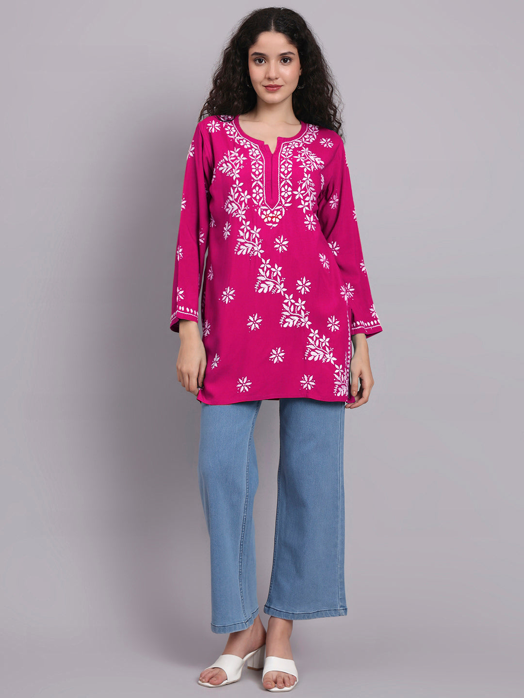 Women Hand Embroidered Chikankari Rayon Short Kurti-AL4071 Magenta