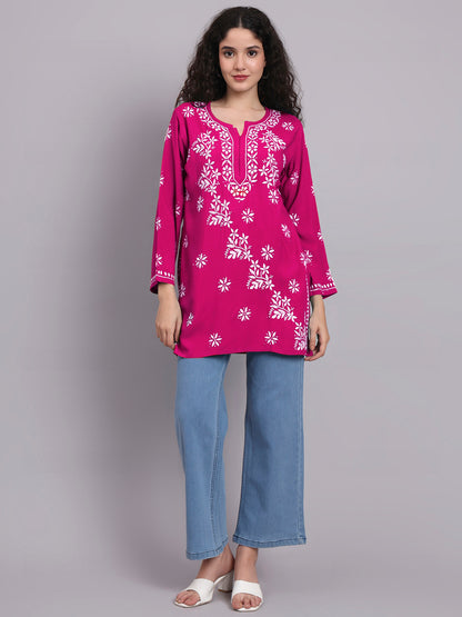 Women Hand Embroidered Chikankari Rayon Short Kurti-AL4071 Magenta
