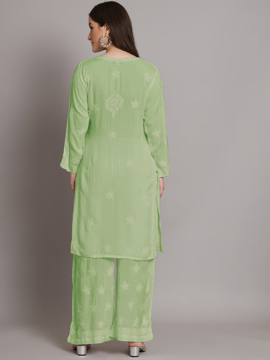 Hand Embroidered Chikankari Modal Kurta with Palazzo- AL3662KS Green