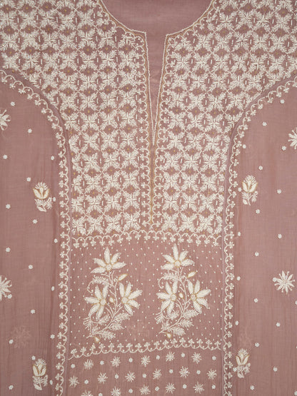 Women Hand Embroidered Premium Chikankari Mul Chanderi Unstitched Kurta Dupatta Bottom Set-ALSCA85201FS Rust
