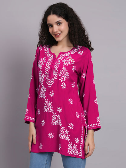 Women Hand Embroidered Chikankari Rayon Short Kurti-AL4071 Magenta