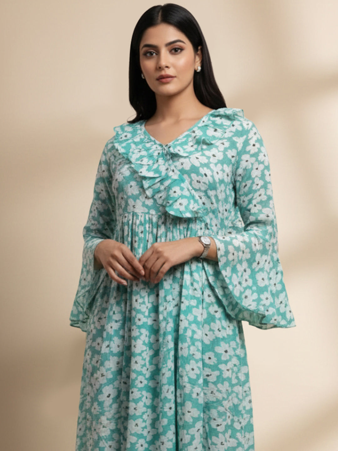 Women Printed Cotton Jalabiya-AL4008 Seagreen