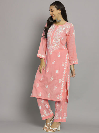 Women Hand Embroidered Chikankari Cotton Kurta Set-AL3674KS Peach