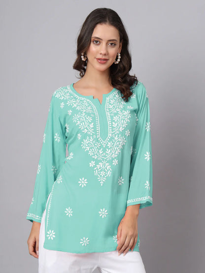 Women Hand Embroidered Chikankari Modal Kurti-AL3611 Seagreen