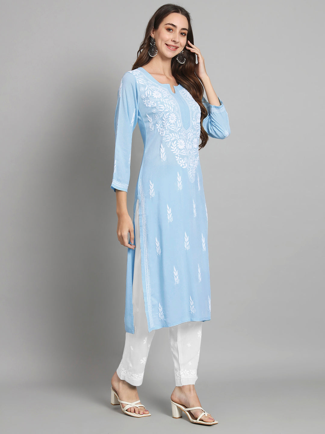 Hand Embroidered Chikankari Rayon Straight Kurta-AL3451 Denimblue