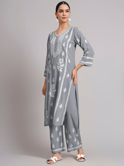 Women Hand Embroidered Lucknowi Chikankari Rayon Kurta Set-AL4078KS Grey
