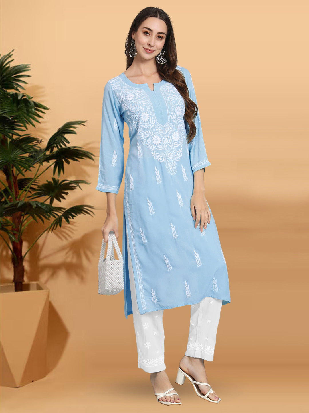 Hand Embroidered Chikankari Rayon Straight Kurta-AL3451 Denimblue