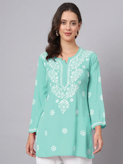 Women Hand Embroidered Chikankari Modal Kurti-AL3611 Seagreen