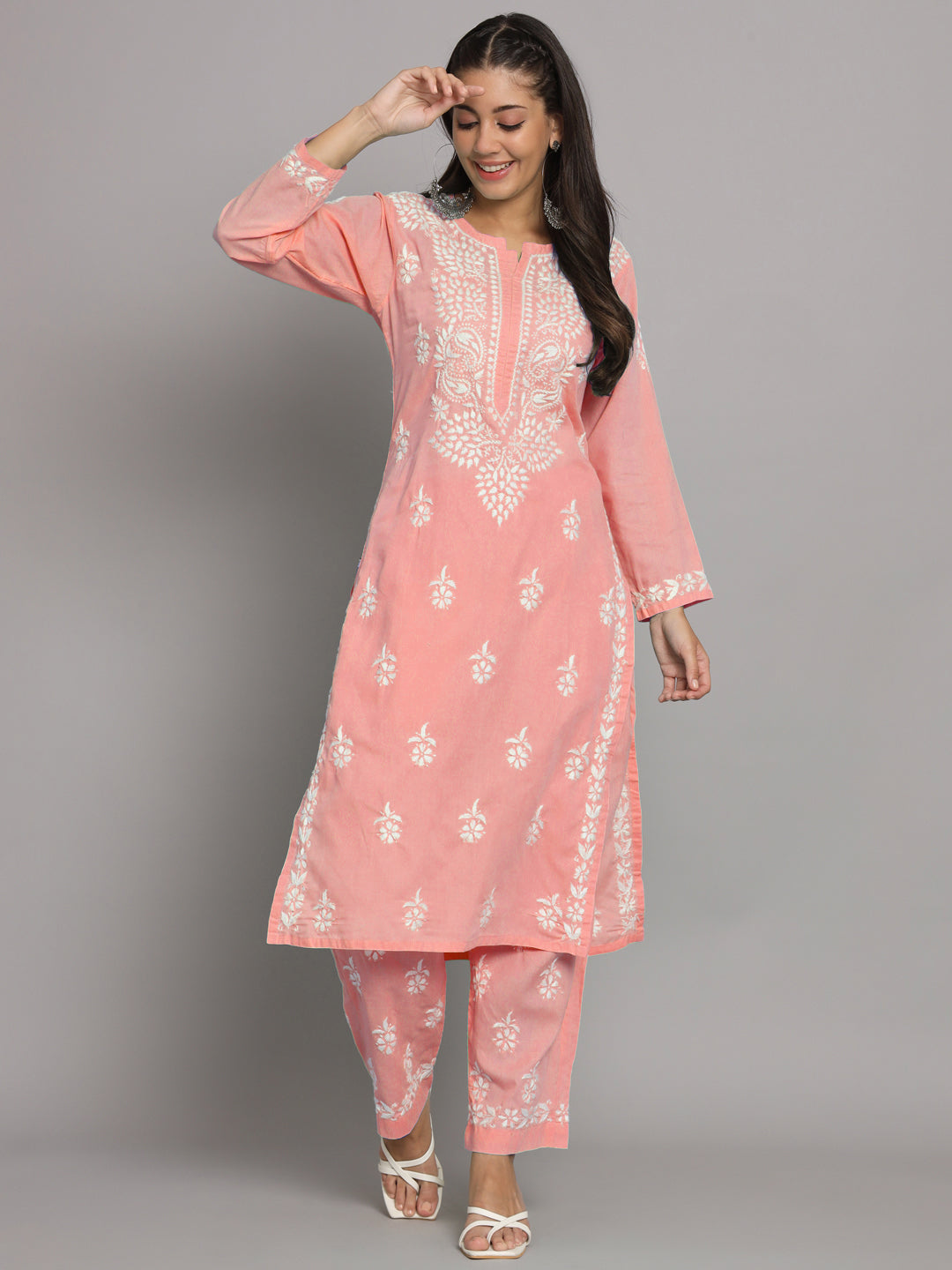 Women Hand Embroidered Chikankari Cotton Kurta Set-AL3674KS Peach