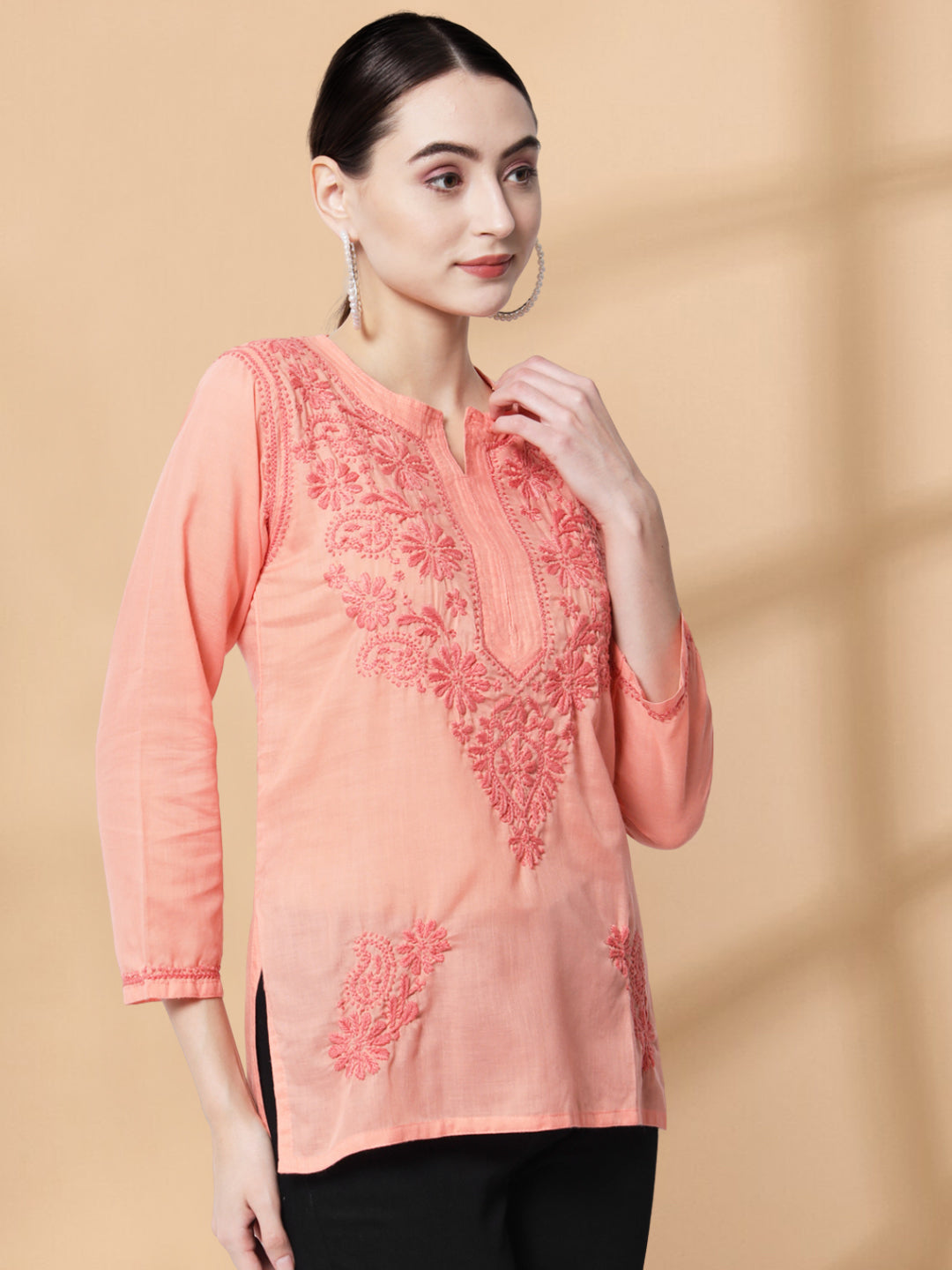 Hand Embroidered Chikankari Cotton Straight Kurti-AL3405 Peach