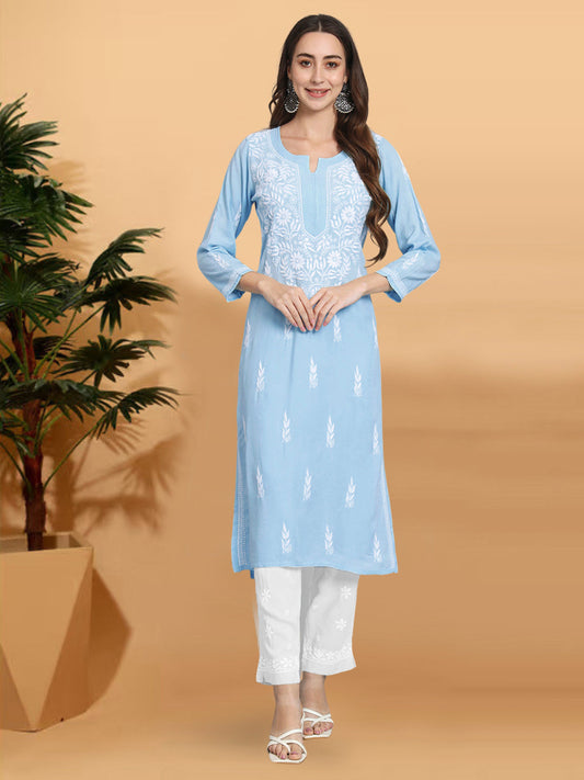 Hand Embroidered Chikankari Rayon Straight Kurta-AL3451 Denimblue